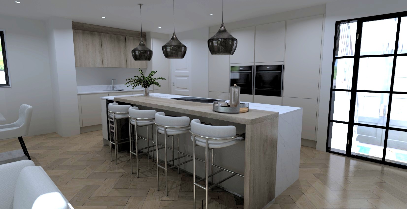 A large white kitchen closer to the central island