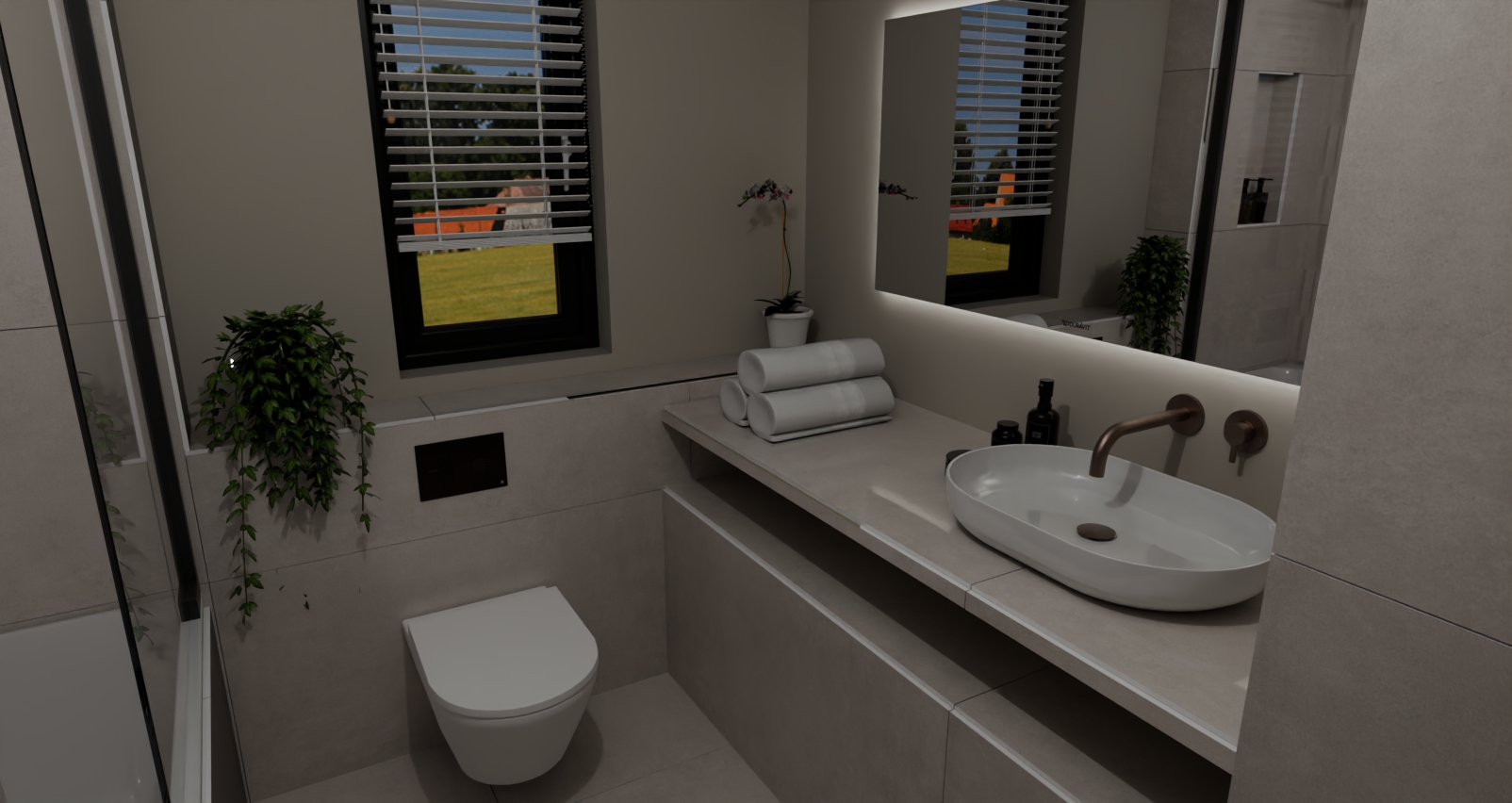 A beige bathroom with sinks